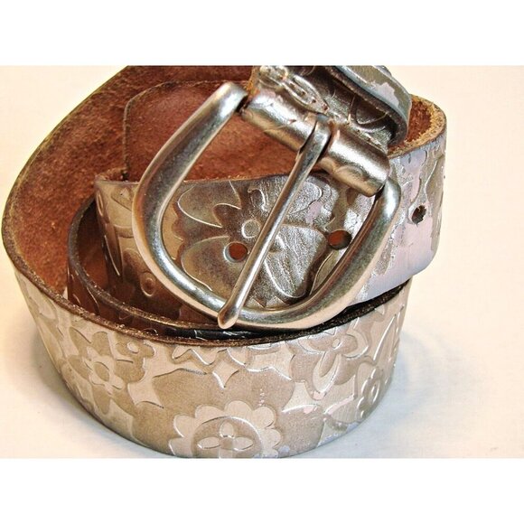 Fossil Bronze Metallic Floral Stamp Genuine Leather Belt Boho Dress Western Sz L - Picture 2 of 12
